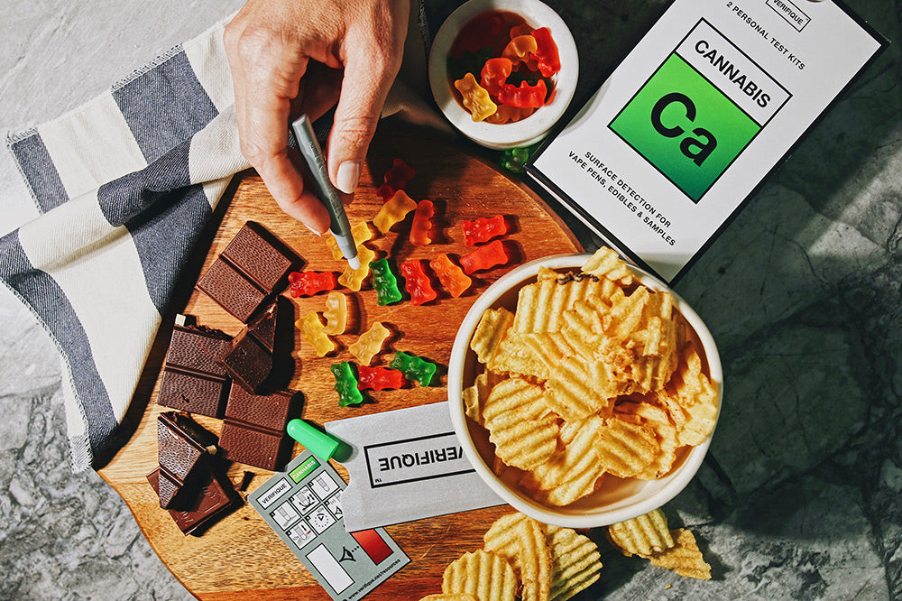 verifique cannabis test kit being used to screen edibles, including gummies, chocolate, and cookies, for traces of cannabinoids like THC and CBD